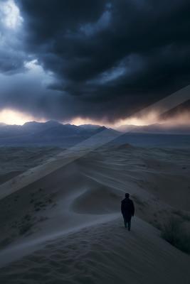 A dramatic landscape of desert, storm.