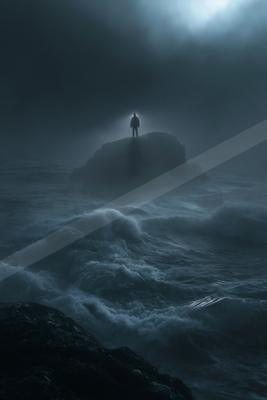 A lone figure stands silhouetted on a rocky outcrop, surrounded by churning ocean waves under a moody night sky.
