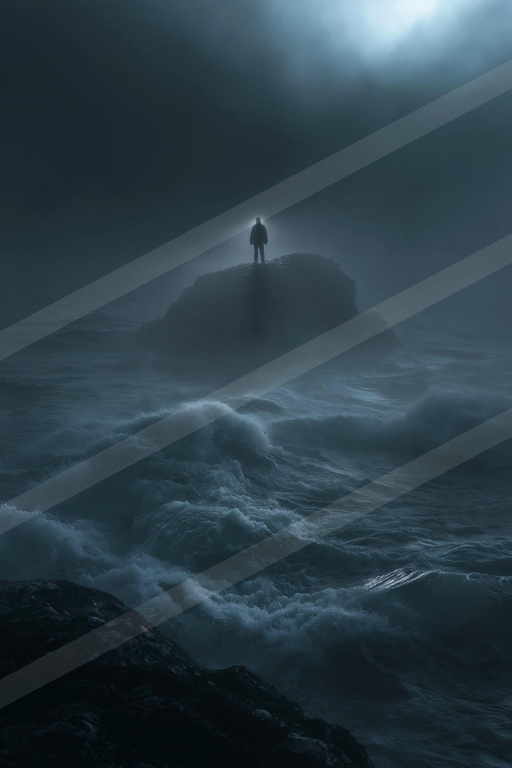 A lone figure stands silhouetted on a rocky outcrop, surrounded by churning ocean waves under a moody night sky.