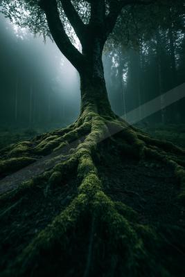 A moody nature scene of trees, forest.
