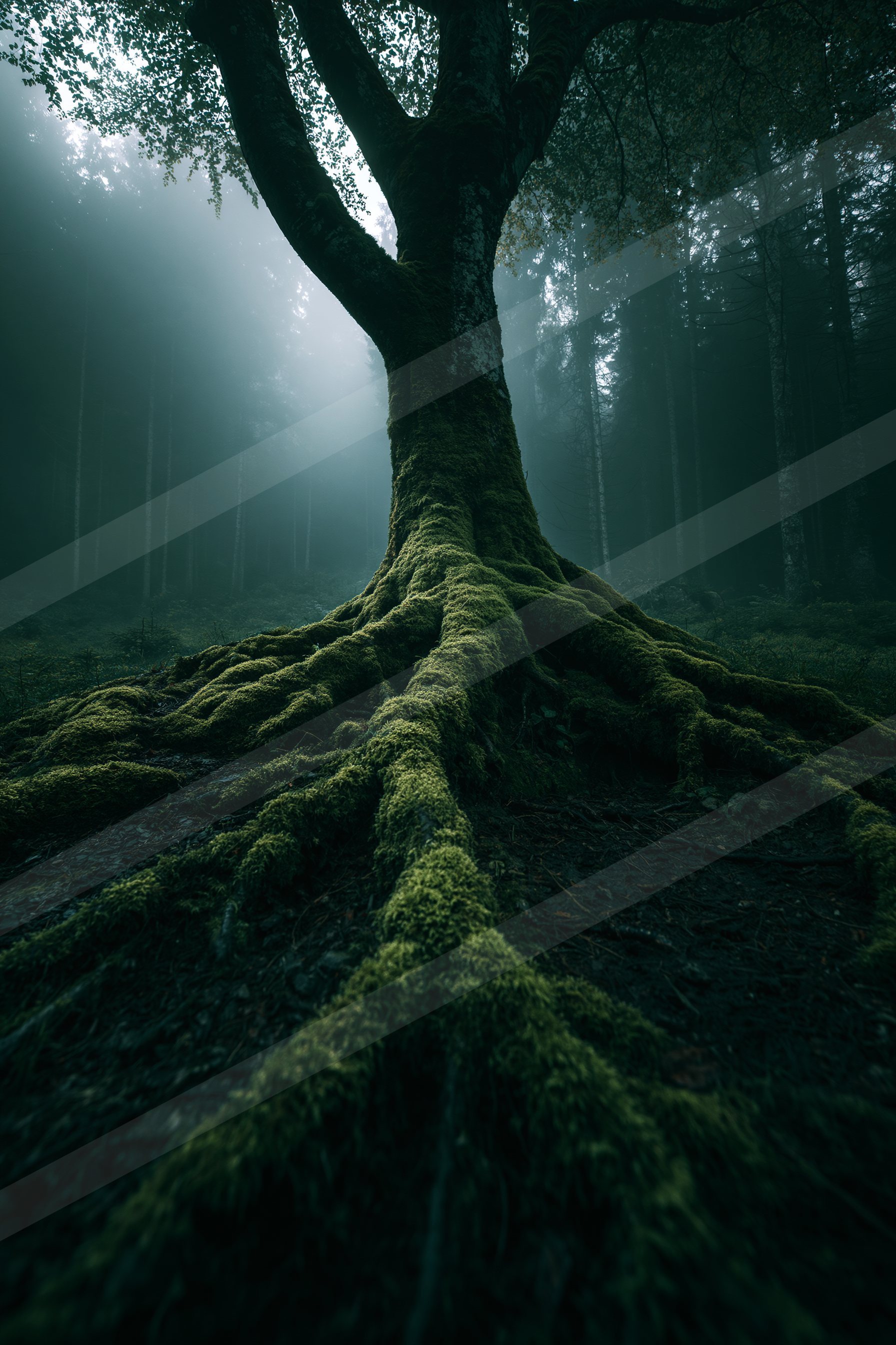 A mysterious high contrast nature scene of an oak tree, fog.