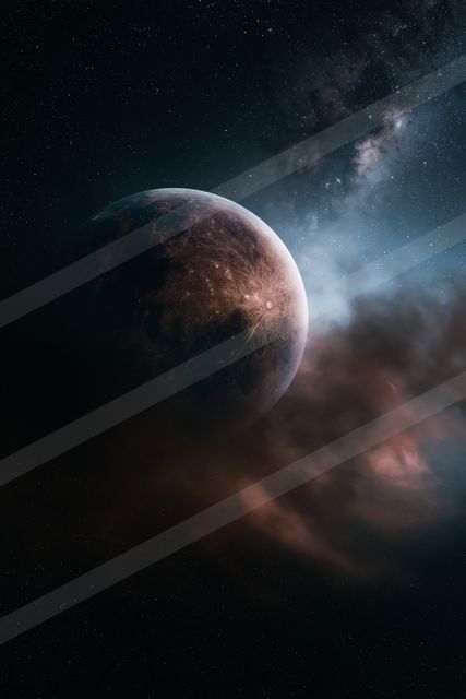 A distant exoplanet with a dark surface and illuminated patches, set against a backdrop of cosmic nebulas and starfields.