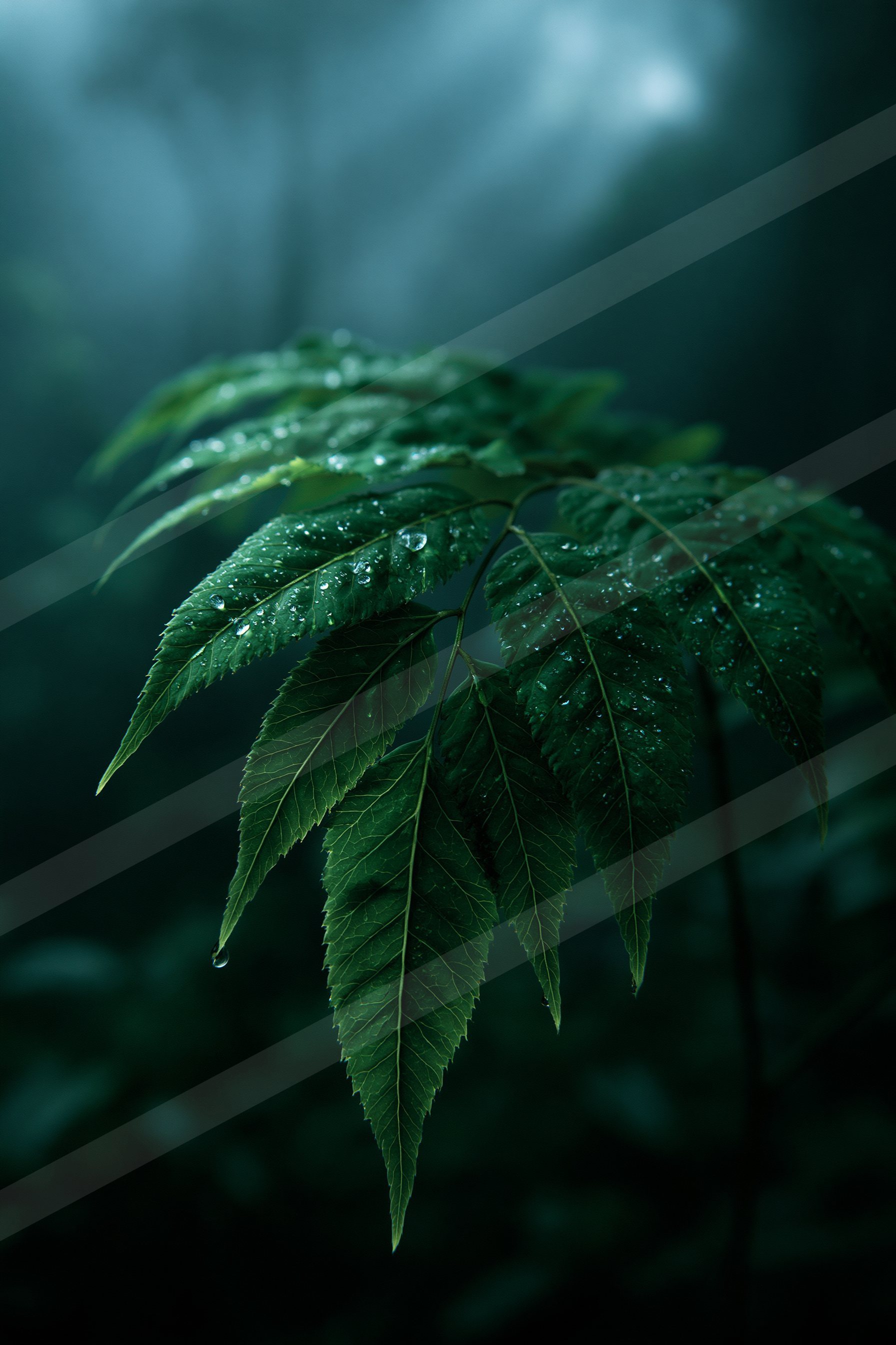 A cluster of vibrant green leaves adorned with dew drops, set against a misty and atmospheric forest backdrop.