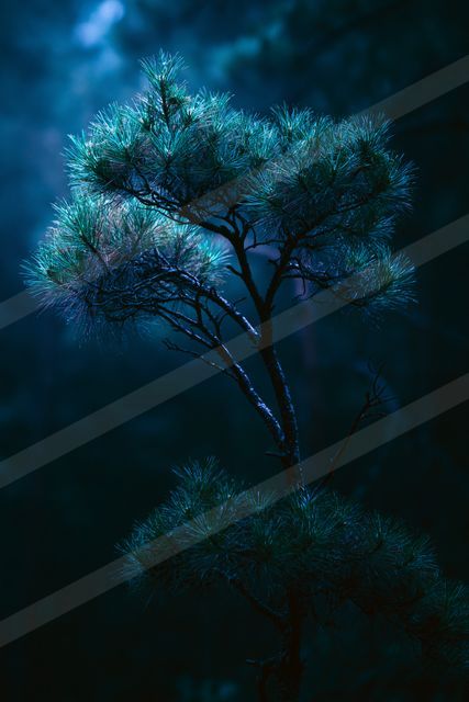 A night nature scene of a pine tree.