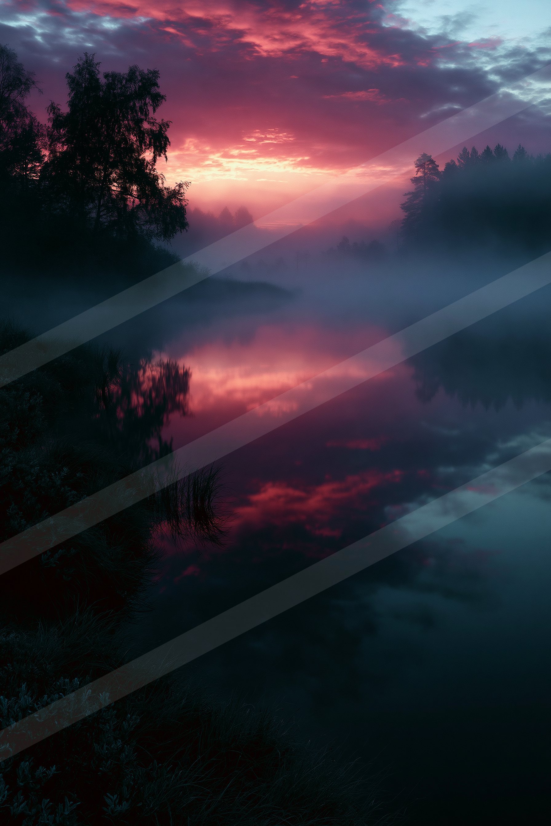 An ethereal high contrast water scene of a lake, reflection.