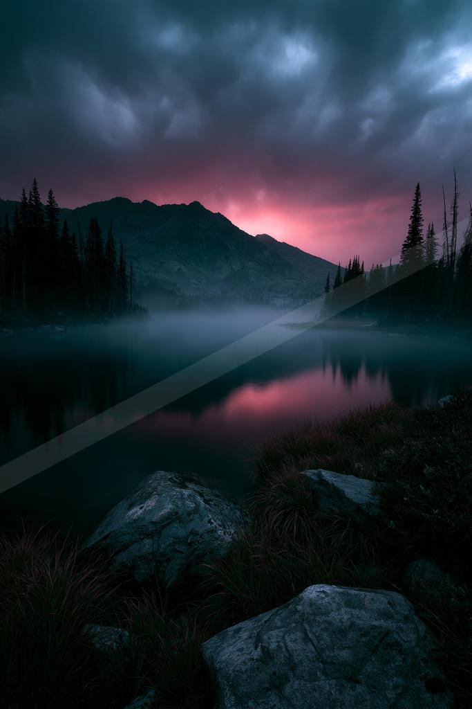 A blue hour water scene of lake, mountains, sunset.