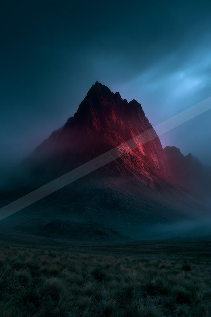 A jagged mountain peak dramatically lit in red rises through thick fog under a dark blue night sky, with a foreground of grassy moorland.