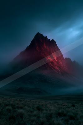 A jagged mountain peak dramatically lit in red rises through thick fog under a dark blue night sky, with a foreground of grassy moorland.