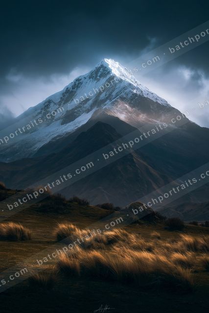 A towering snow-capped mountain peak illuminated by a soft glow against a dark, moody sky. The foreground features golden grasses under low light.