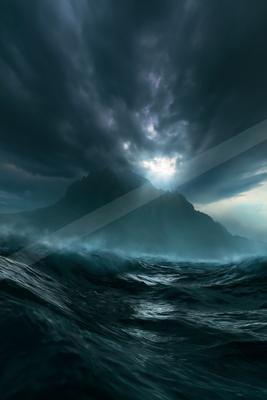 A moody water scene of ocean, storm, mountains.