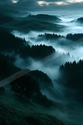 A night long exposure landscape of valley, forest, mountains.