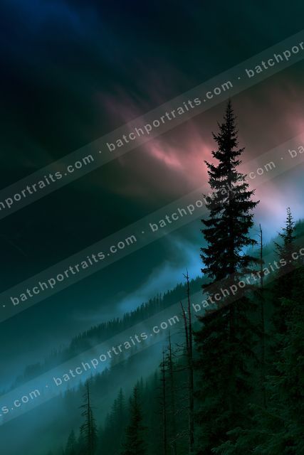 An ethereal high contrast sky scene of an aurora, fog.