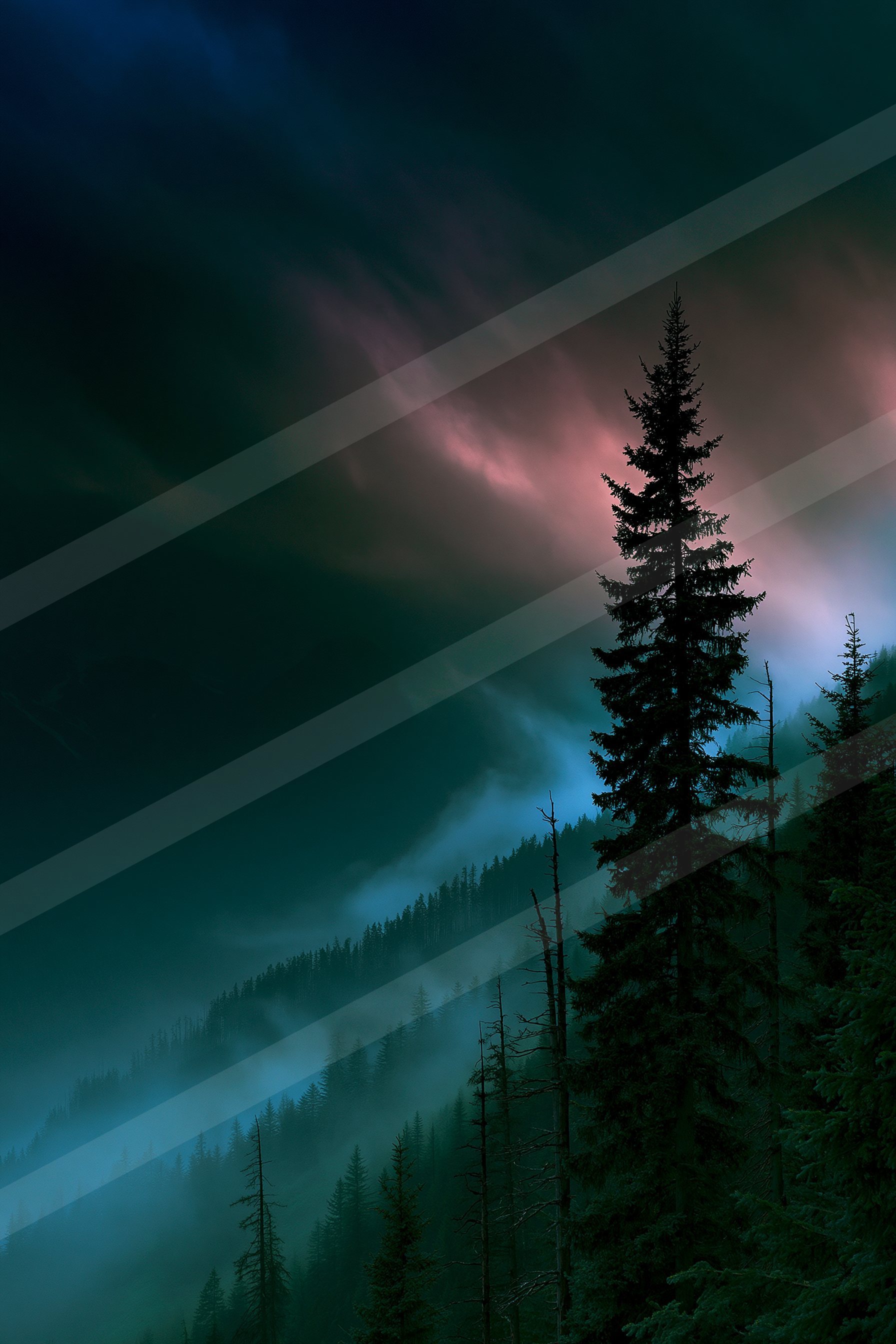 An ethereal high contrast sky scene of an aurora, fog.