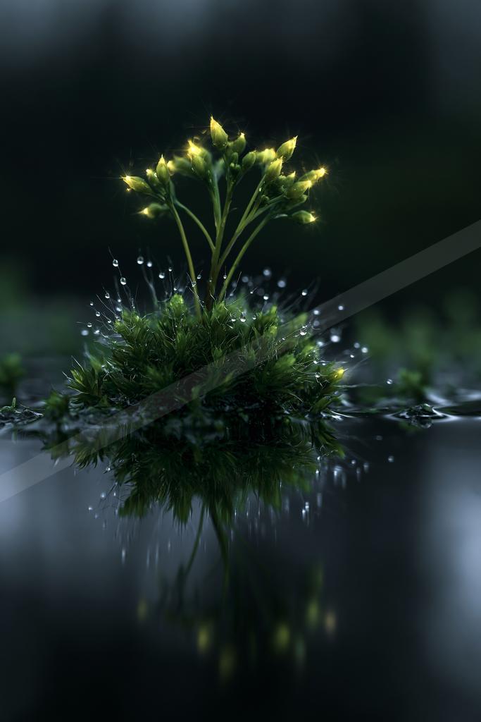 A serene nature scene of flowers, plants, reflection.
