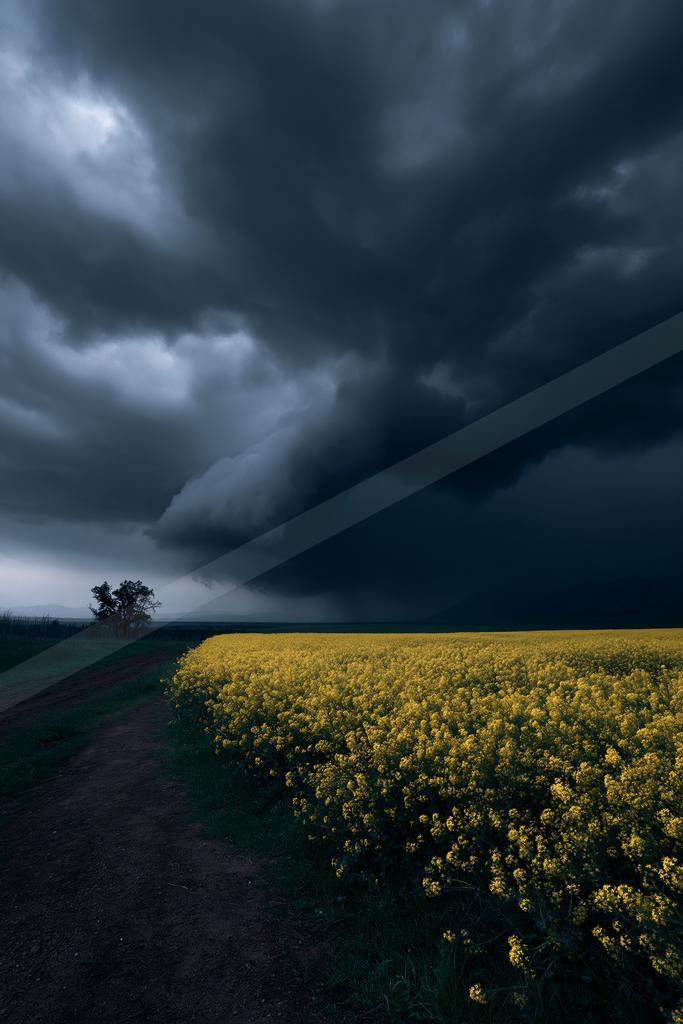 A vast field of bright yellow flowers borders a dirt path under a dark, ominous stormy sky with heavy clouds.
