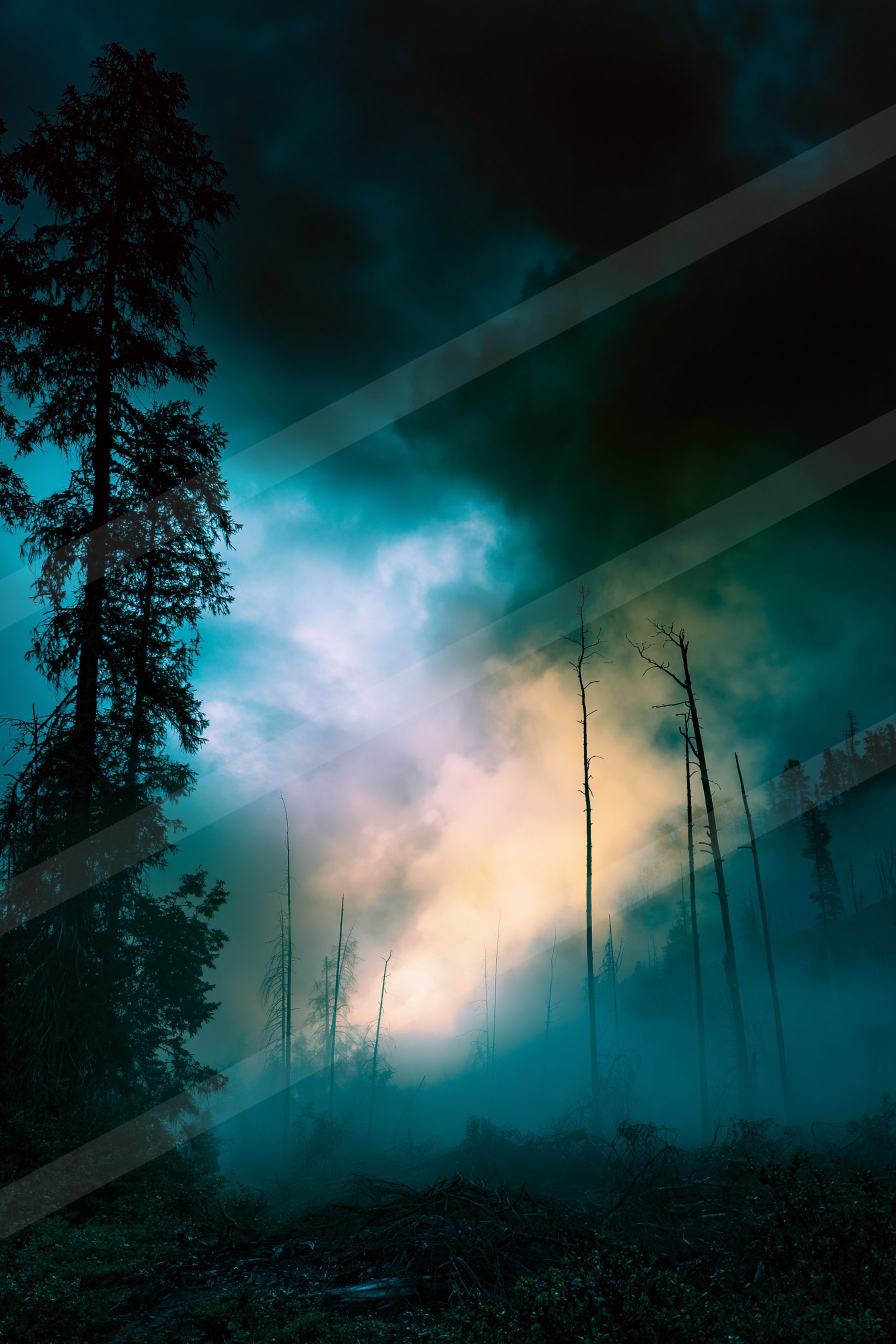 A dramatic sky scene of a storm, fog.