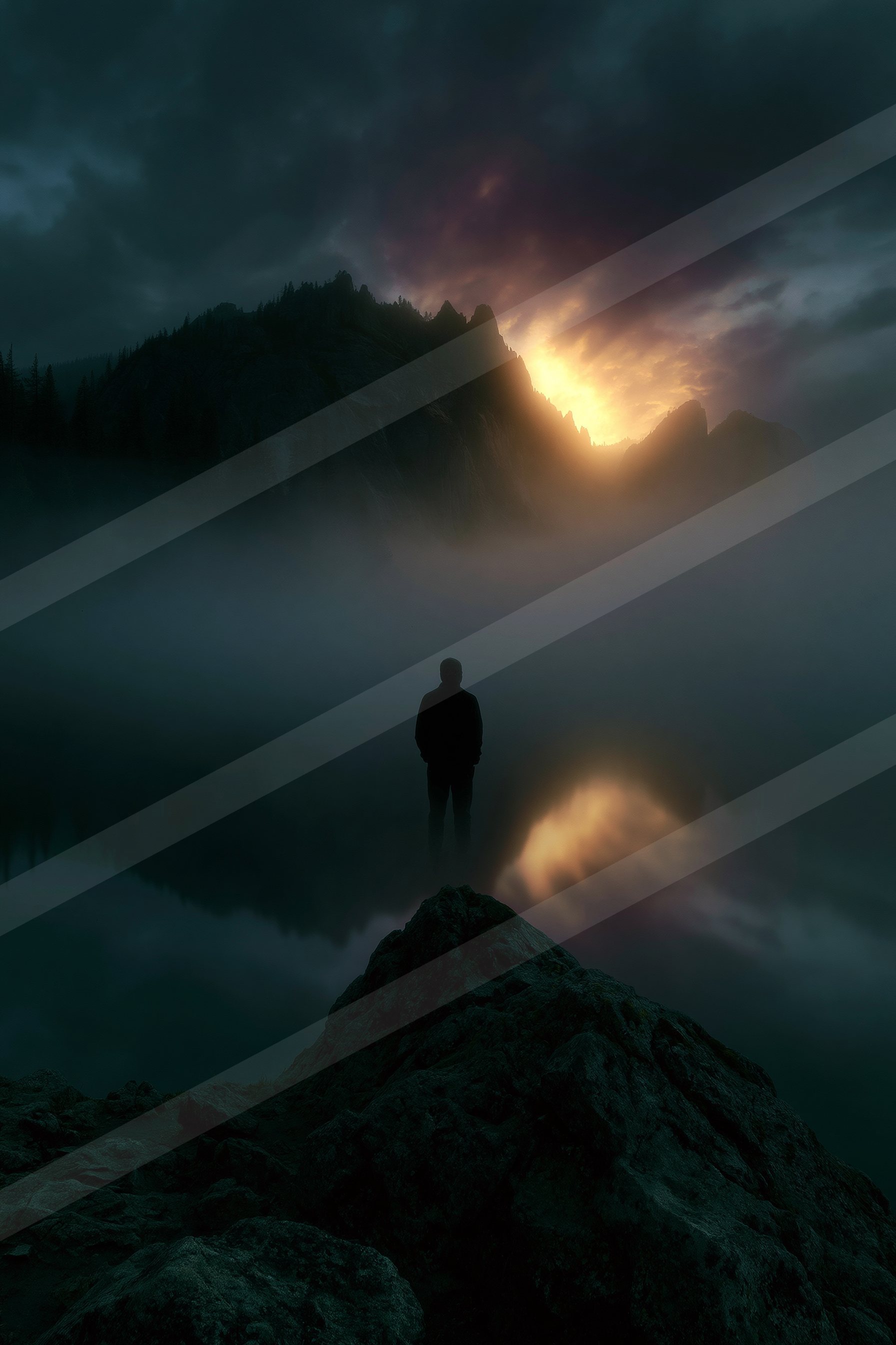 A mysterious double exposure sky scene of a sunrise, reflection.