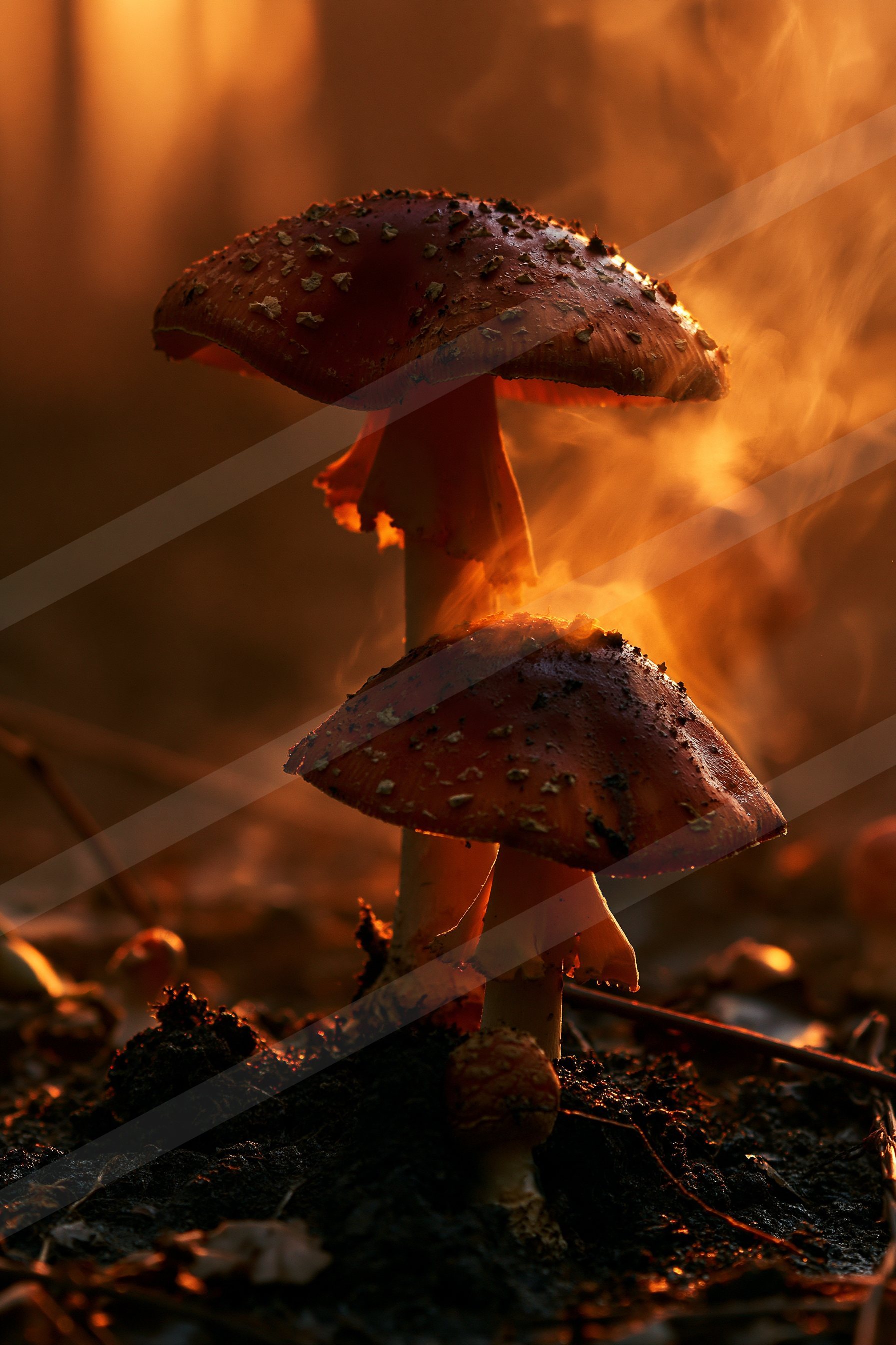 A moody macro nature scene of a mushroom, fire.