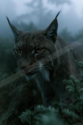 A close-up of a Eurasian lynx with piercing yellow eyes staring directly at the camera, surrounded by foggy coniferous forest and green foliage.