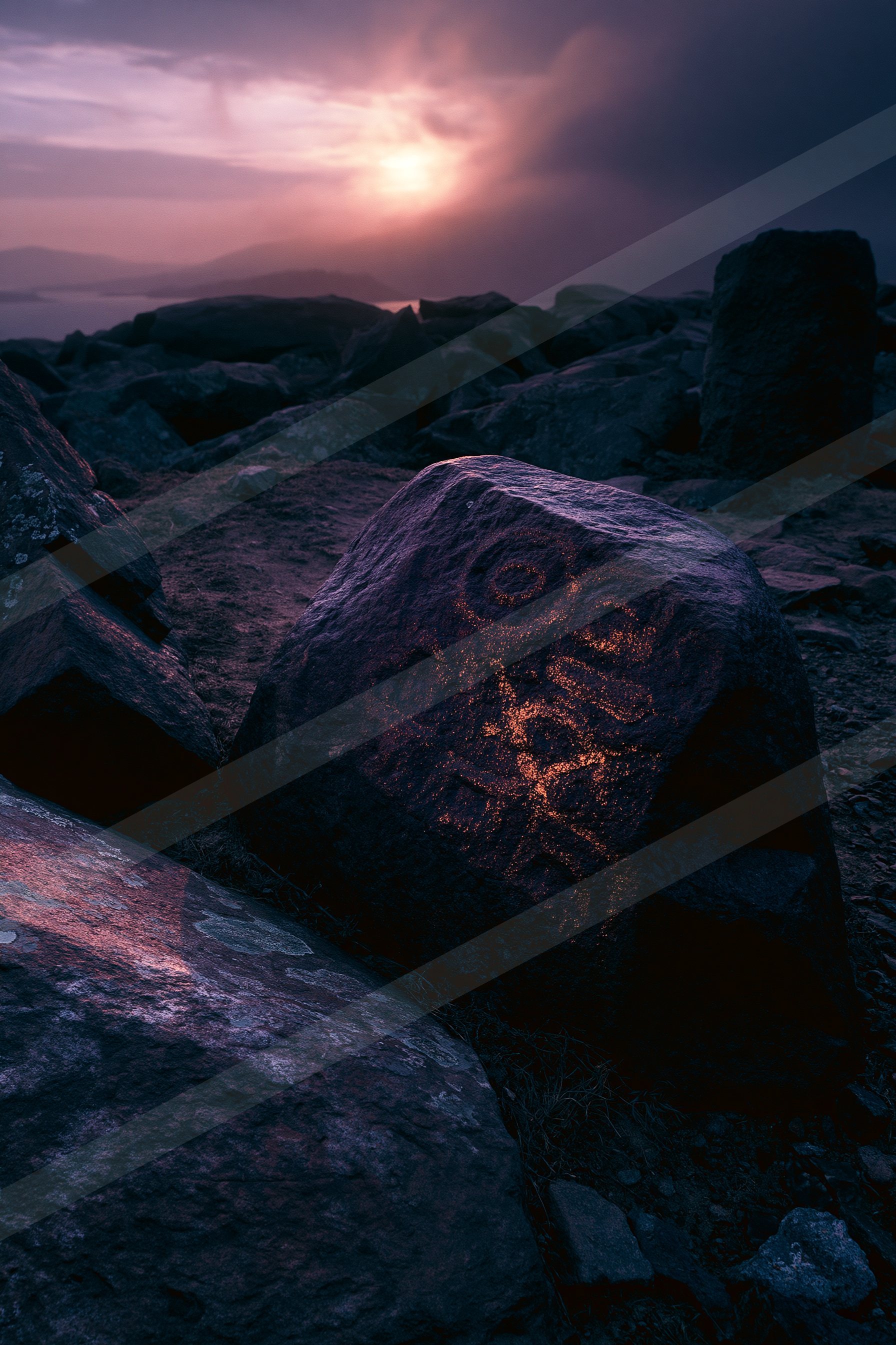 A mysterious panorama sky scene of a sunrise, rocks.
