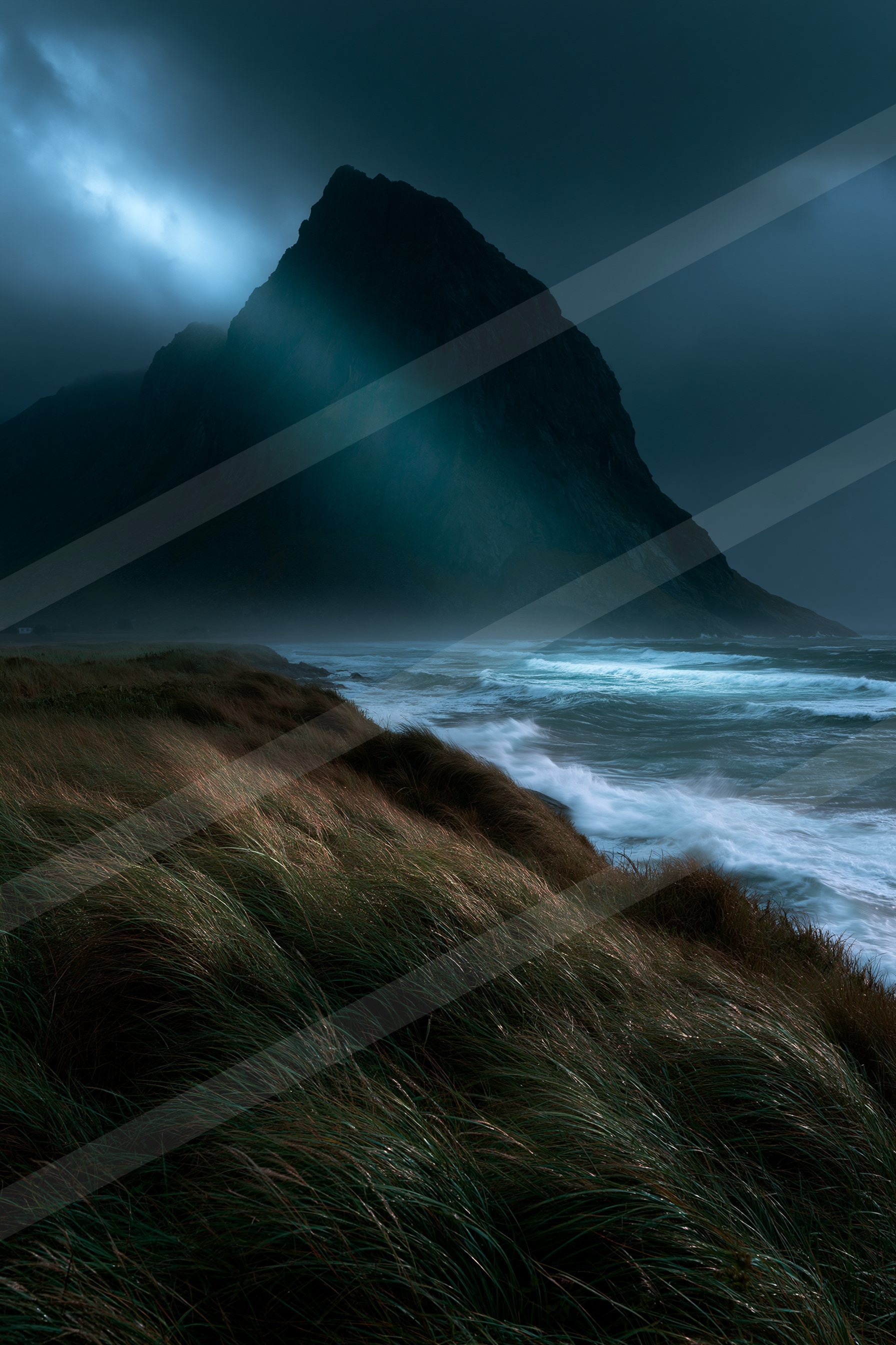 A dark, moody coastal scene featuring a rugged mountain peak under storm clouds, with crashing waves and grassy foreground.