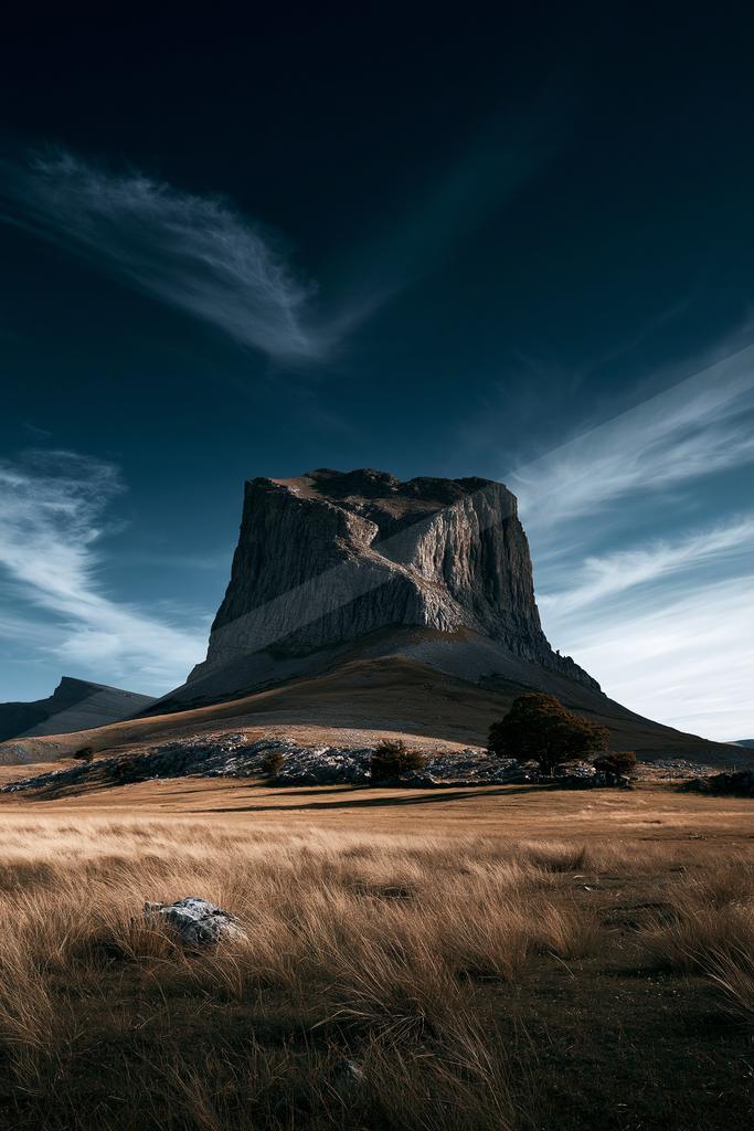 A moody landscape of mountains, valley.