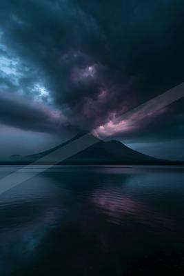 A blue hour water scene of lake, reflection.