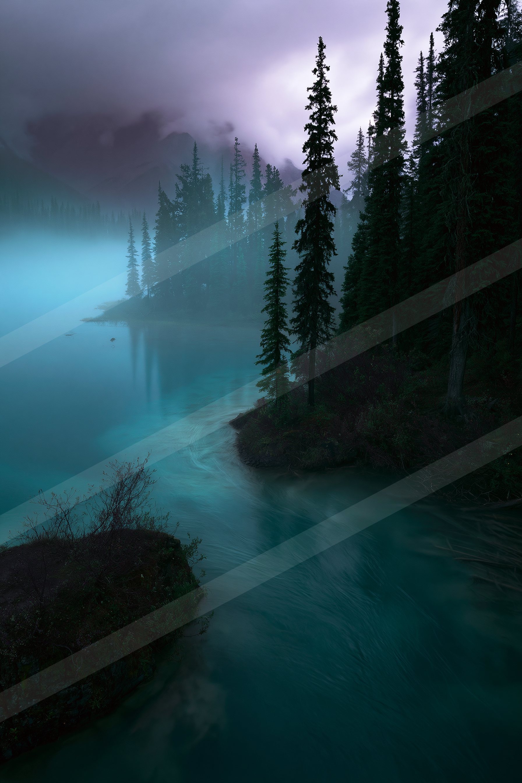 A serene twilight scene of a misty lake surrounded by tall evergreen trees, reflecting the purple hues of the sky.