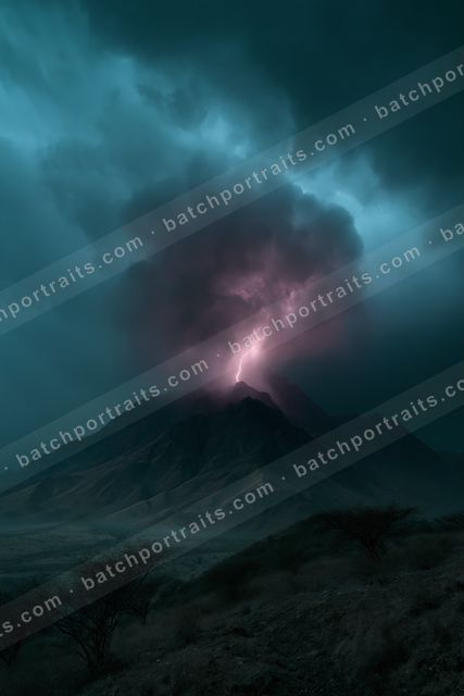 A volcano erupts dramatically under a stormy night sky, illuminated by lightning strikes piercing through dark clouds.