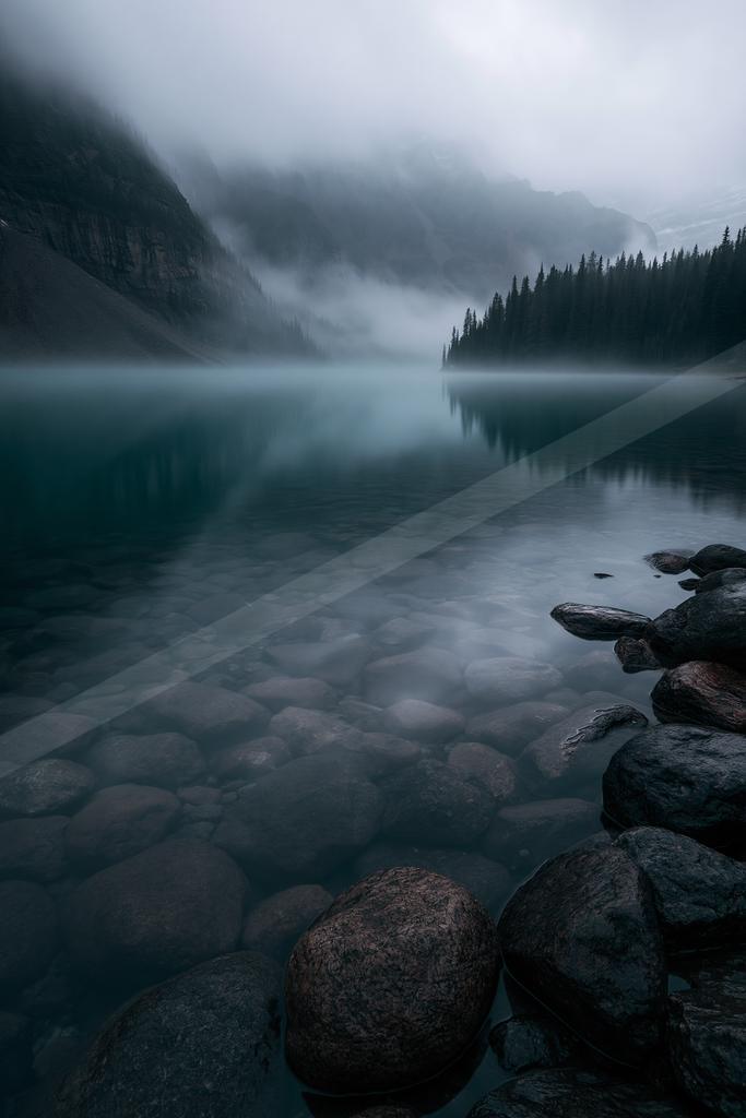 A serene water scene of lake, mountains.