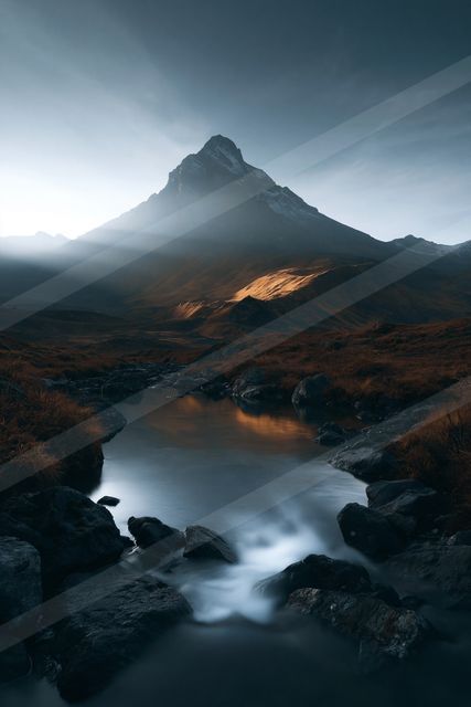 A mysterious long exposure landscape of a volcano, reflection.