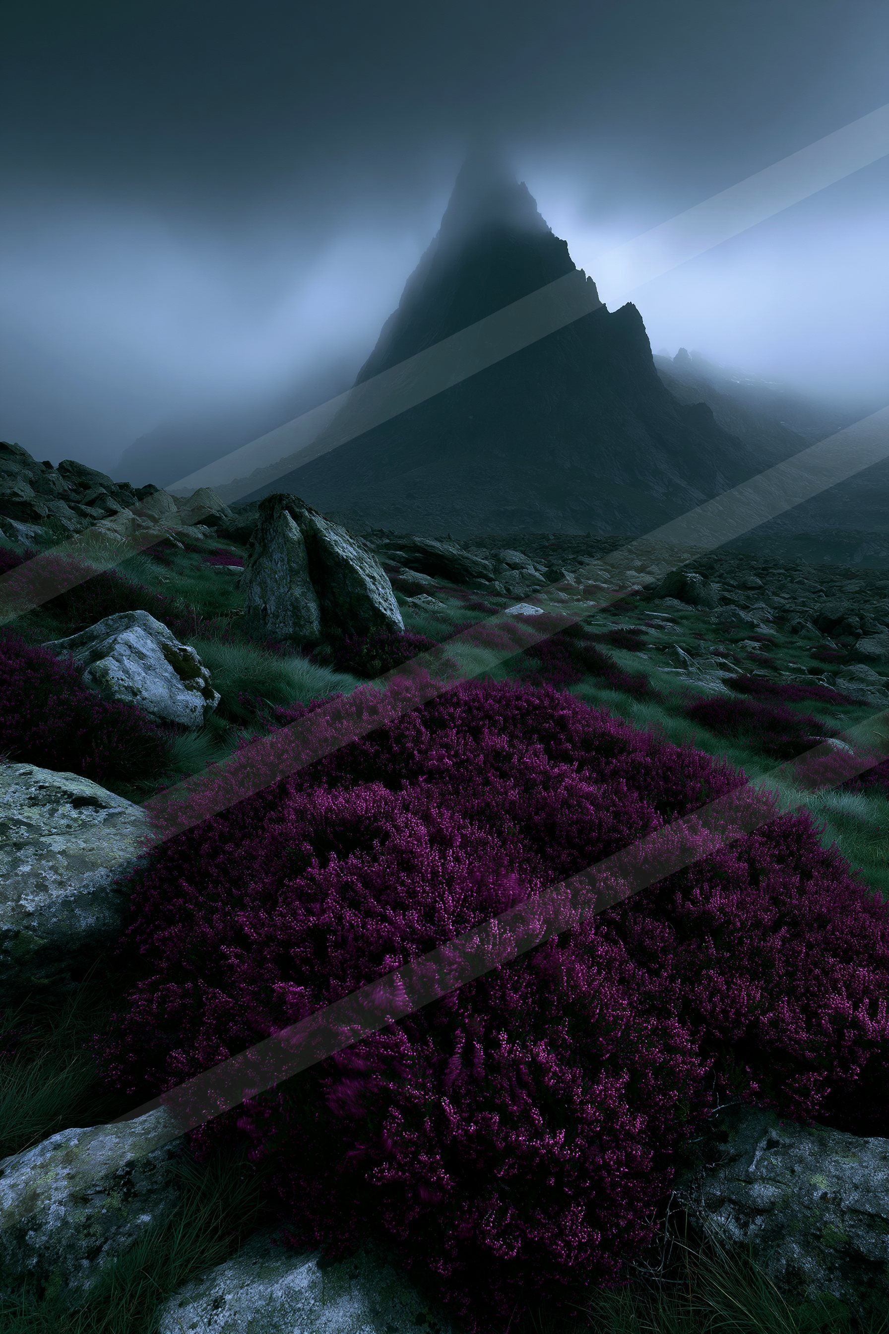 A mysterious landscape of a mountains, fog.