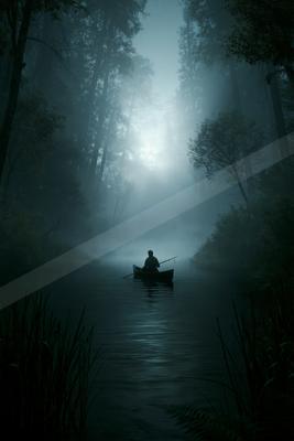 A serene water scene of lake, river.