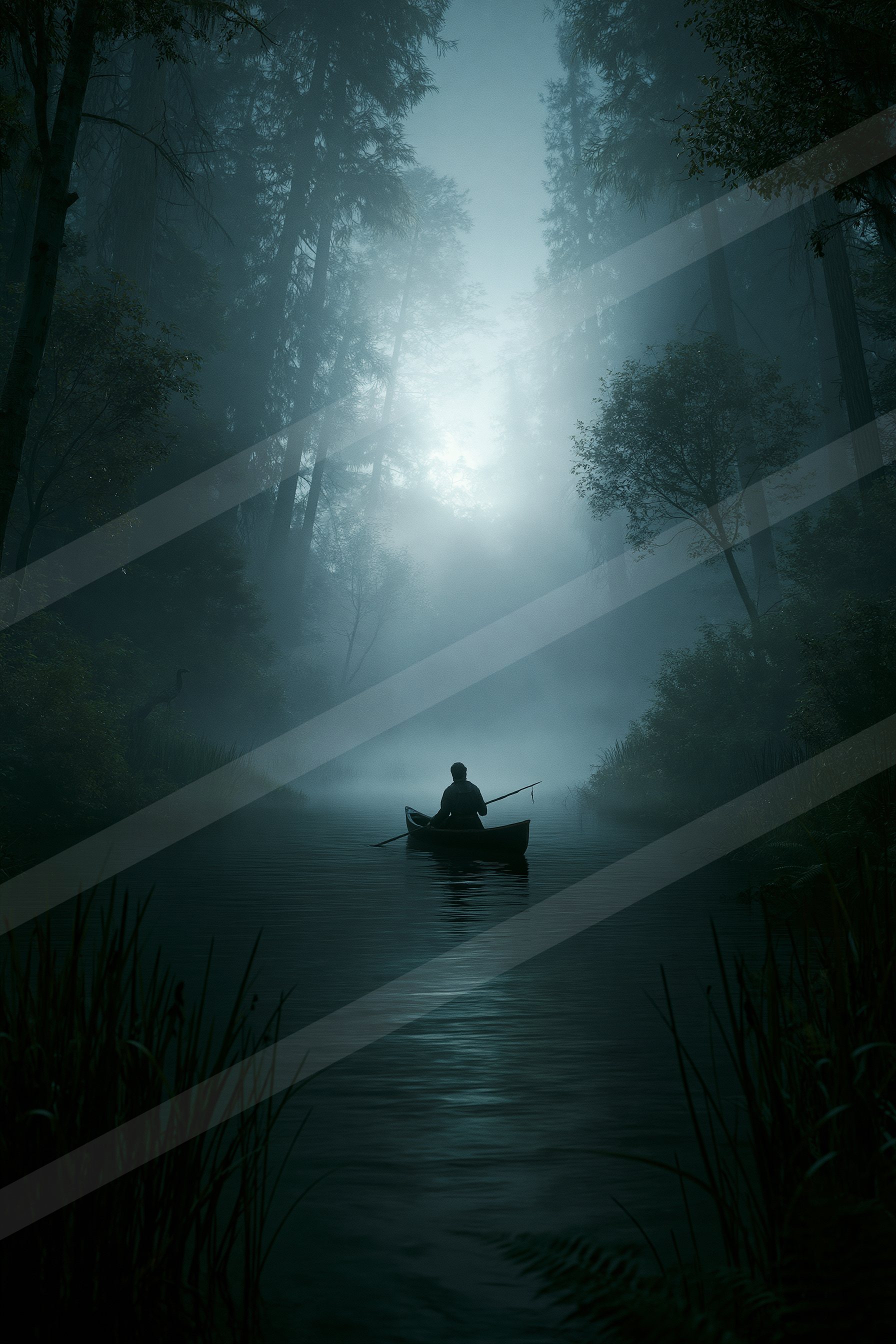 A mysterious water scene of a river, fog.