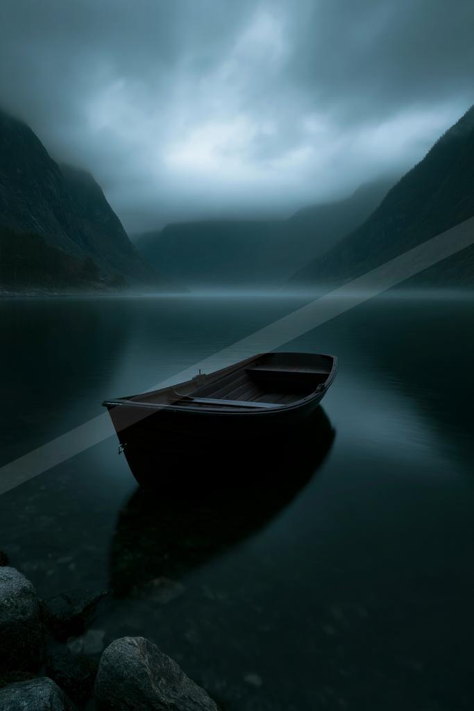 A dark wooden rowboat floats on the calm, reflective surface of a misty mountain lake, surrounded by steep forested slopes under a foggy, overcast sky.