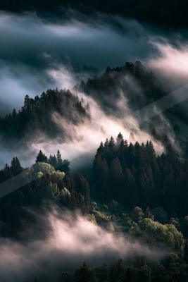 An ethereal high contrast landscape of a rolling hills, fog.