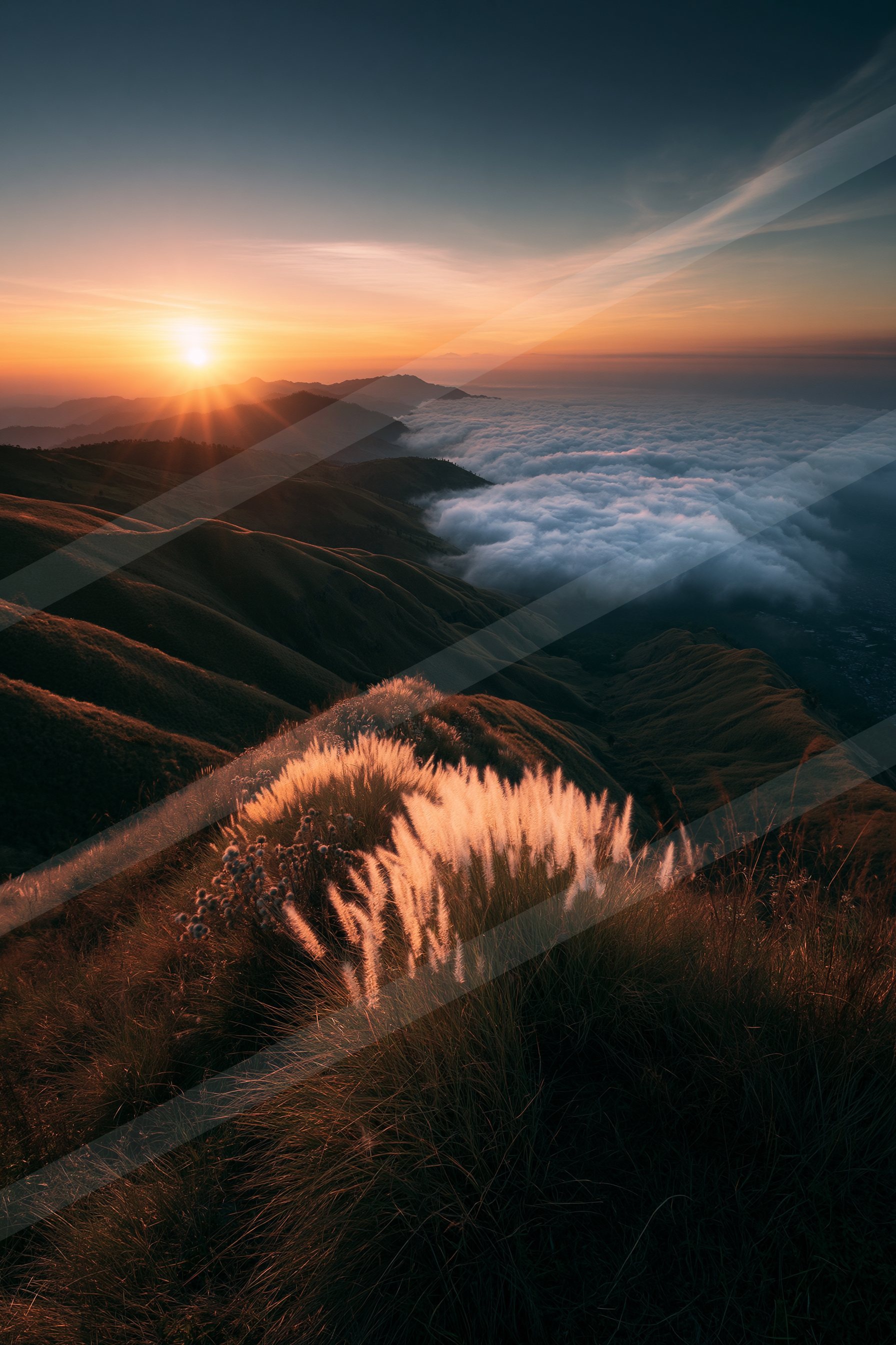 An ethereal panorama sky scene of a sunrise, fog.