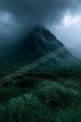 A steep mountain peak partially shrouded in thick fog and low clouds under a dark, overcast sky, with lush green hills and tall grass in the foreground.