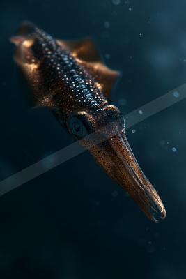 A squid with textured brown and dark skin, large eye, and elongated body swimming in deep blue water, illuminated by dramatic side lighting.