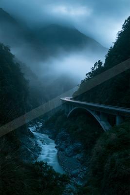 A black-toned moody photograph of valley, steel arch bridge, cliff.