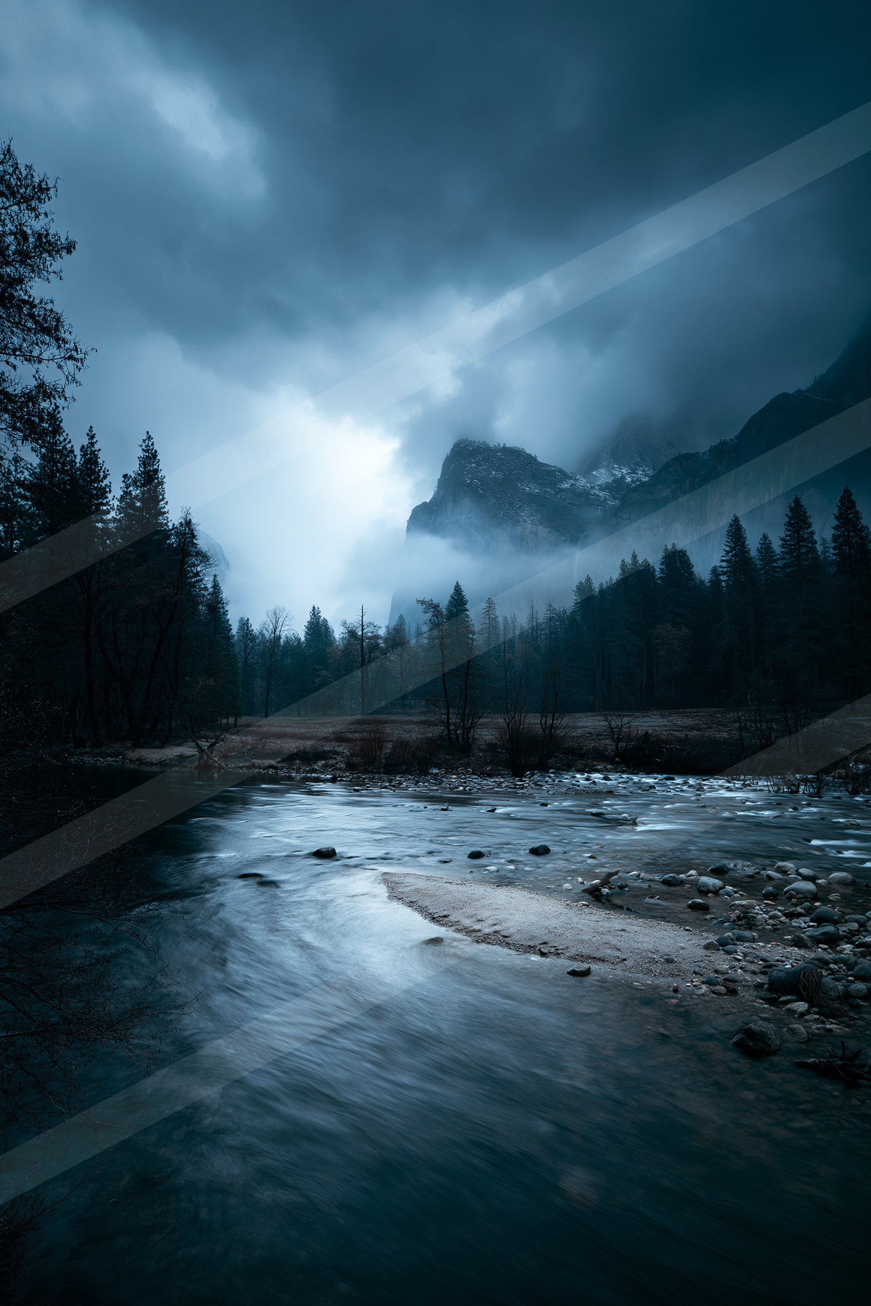 A night long exposure water scene of a river, fog.