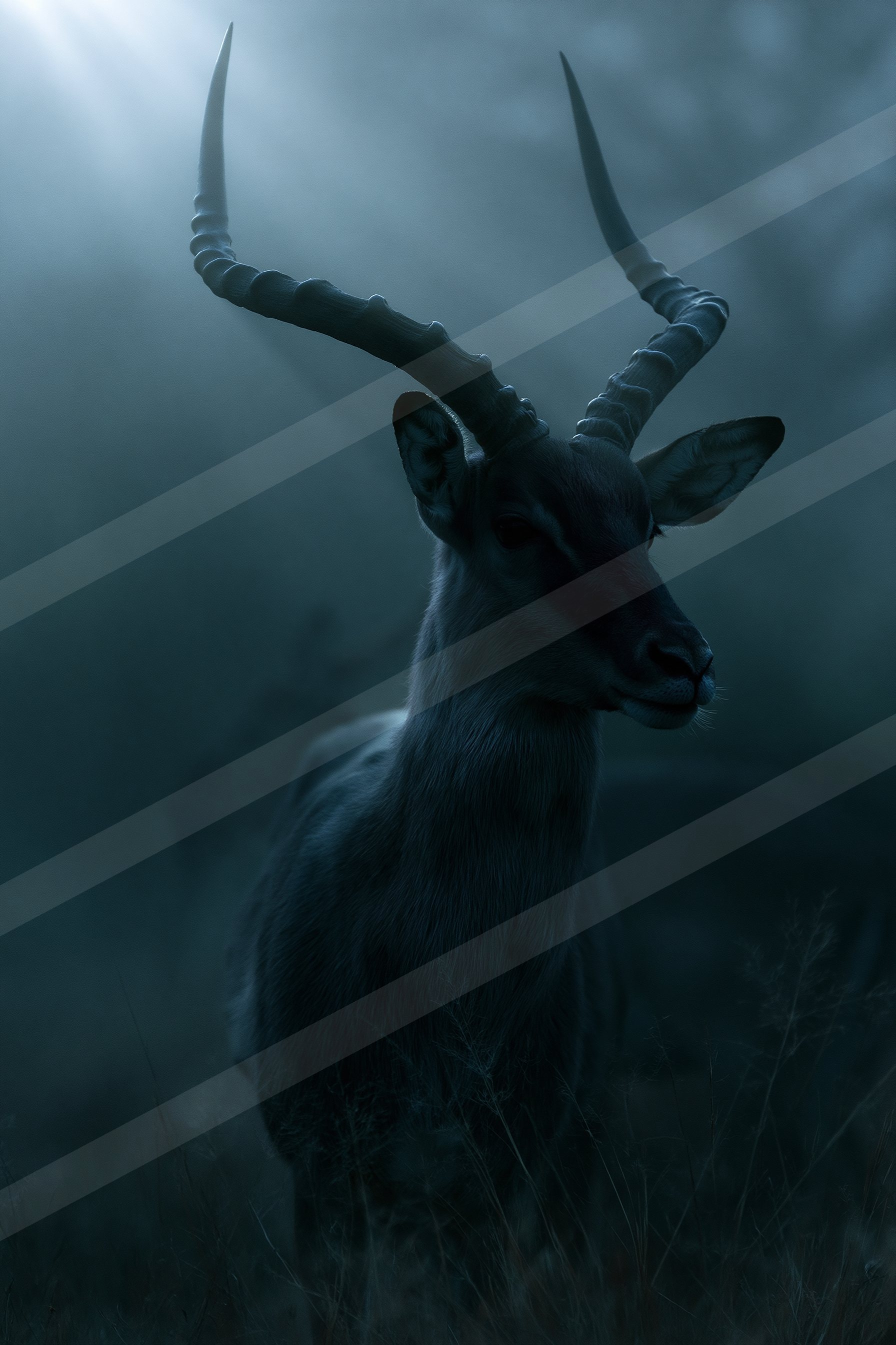 A large antelope with prominent curved horns stands silhouetted against a misty, atmospheric background. The animal's detailed features are highlighted by soft