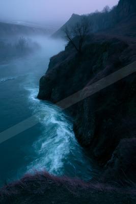 A powerful river with white rapids flows through a steep rocky canyon shrouded in thick blue mist, with a lone bare tree on the cliff edge under an overcast sky