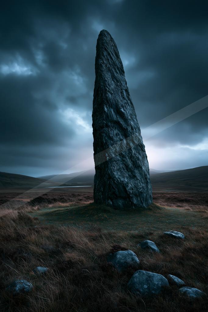 A tall, weathered standing stone rises from a grassy moorland under a dark, cloudy sky, surrounded by scattered rocks and heather.