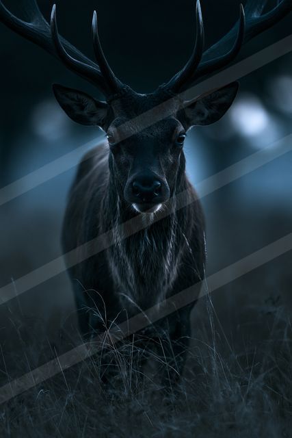 A powerful stag with large antlers stands in a misty forest, illuminated by soft blue light during the night.