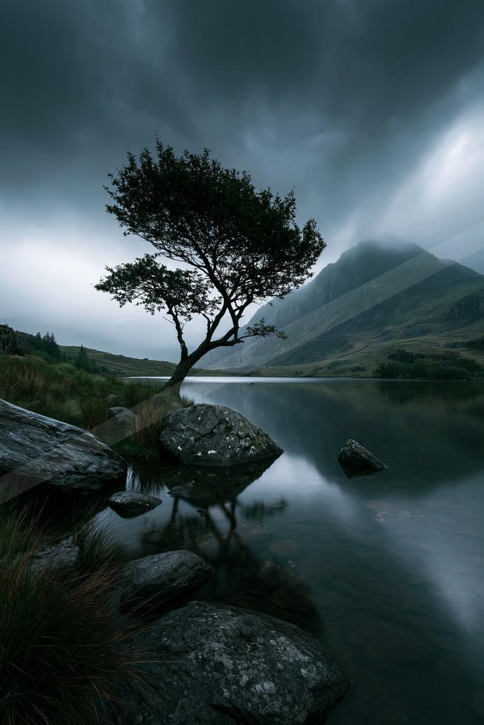 A dramatic long exposure nature scene of trees, lake, storm.