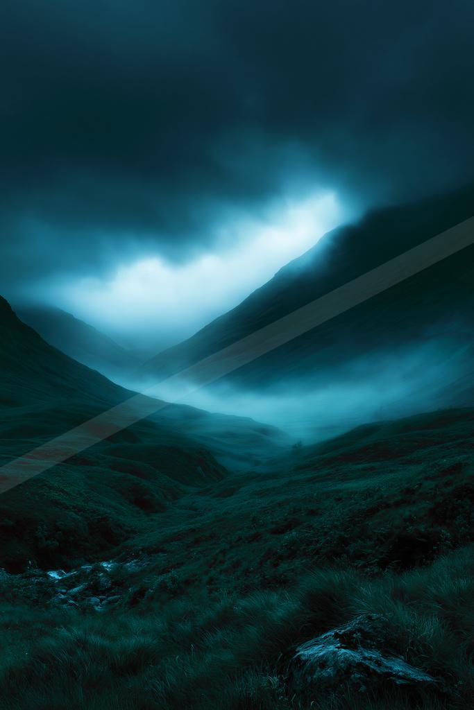 A night long exposure landscape of mountains, storm, valley.