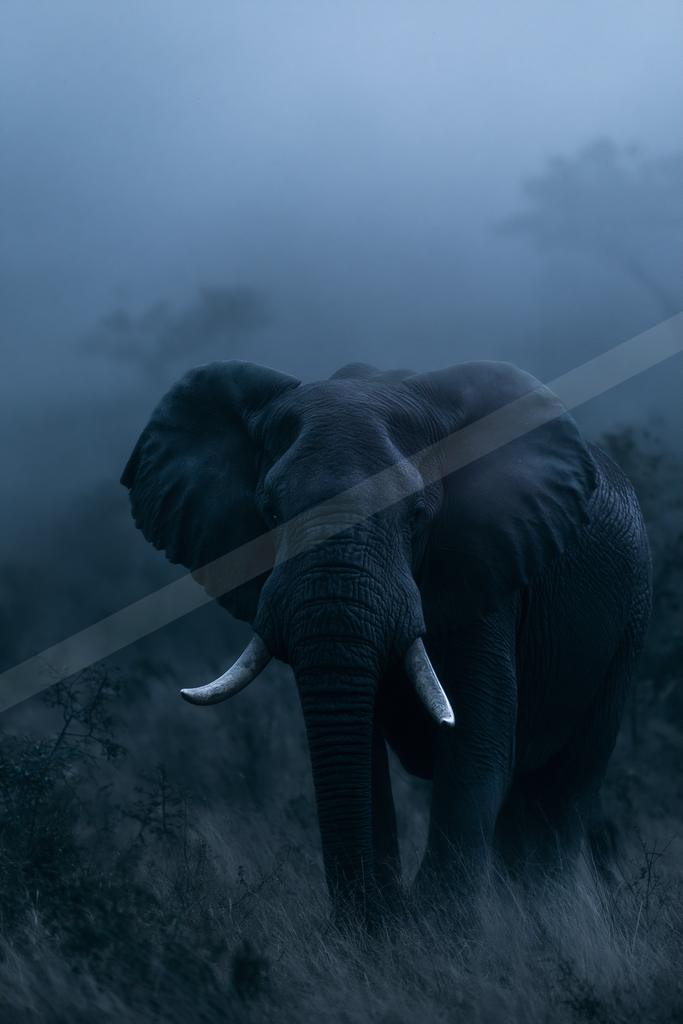 A large African elephant with prominent tusks walks directly toward the camera through tall grass in a foggy, atmospheric landscape.