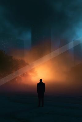 A moody street scene of city skyline.