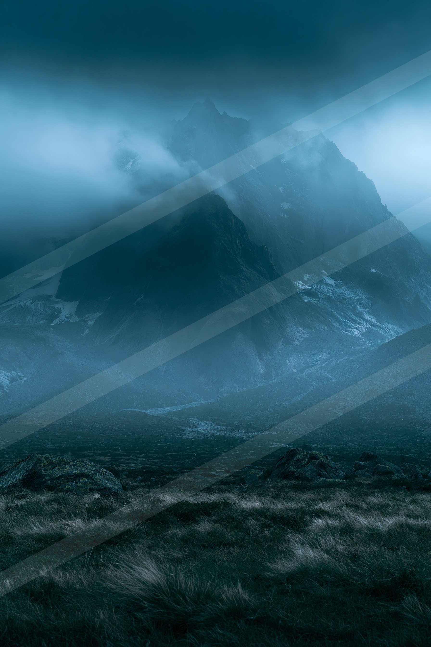 A mysterious panorama landscape of a mountains, fog.